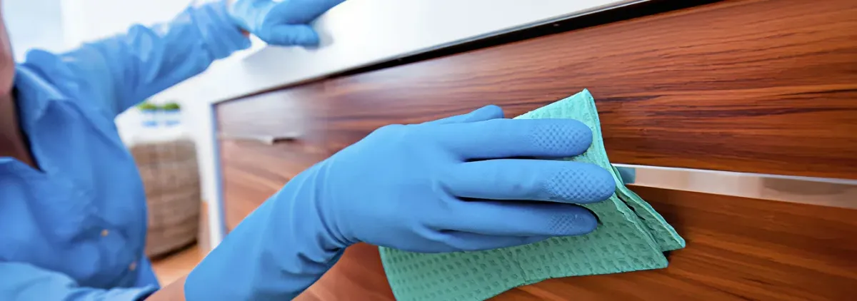 Cleaner wearing blue gloves wiping a wooden cabinet drawer with a microfiber cloth for dust and grime removal, Dayton, OH.