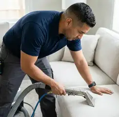 Professional upholstery cleaning technician using an extraction wand to deep-clean a fabric sofa, Dayton, OH.